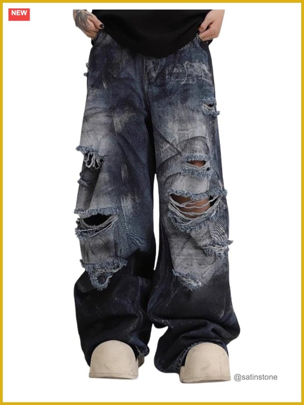 Distressed Baggy Wide Leg Jeans Unisex Vintage Washed Ripped Denim